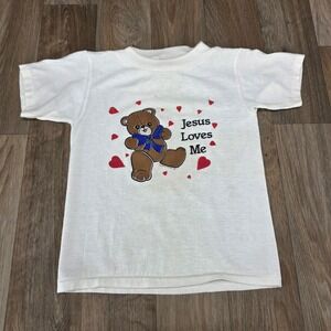 Vintage 1988 Jesus Loves Me Teddy Bear Kids T Shirt Size 5/6 USA Made
